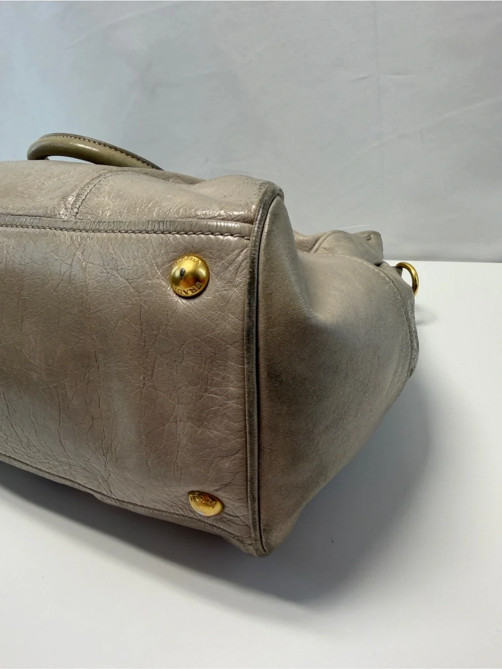 Prada Metallic Taupe Leather Satchel with Gold Hardware